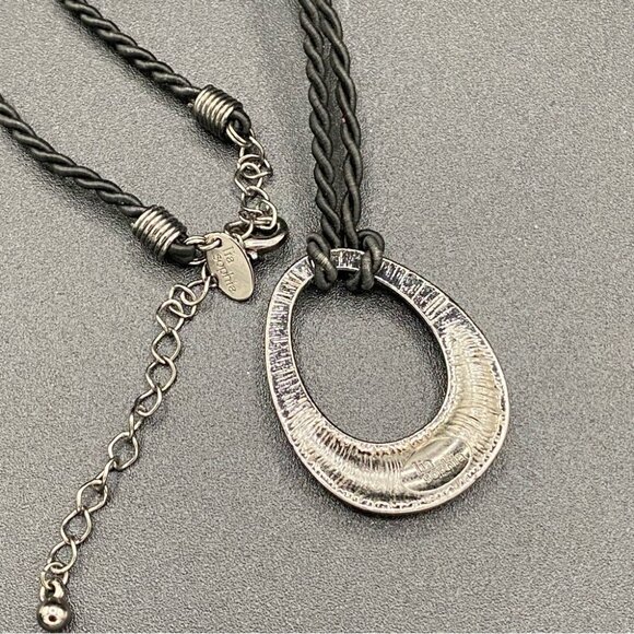 Lia Sophia Retired Black Cord Necklace w/ Sparkly Crystal Teardrop Oval Pendant - Picture 9 of 16